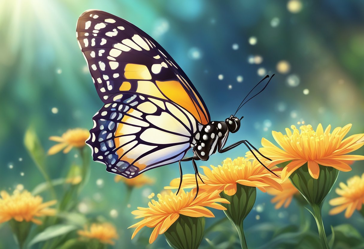 A butterfly lands on a flower, its delicate wings and vibrant colors catching the sunlight. Nearby, a spider weaves an intricate web, glistening with dew