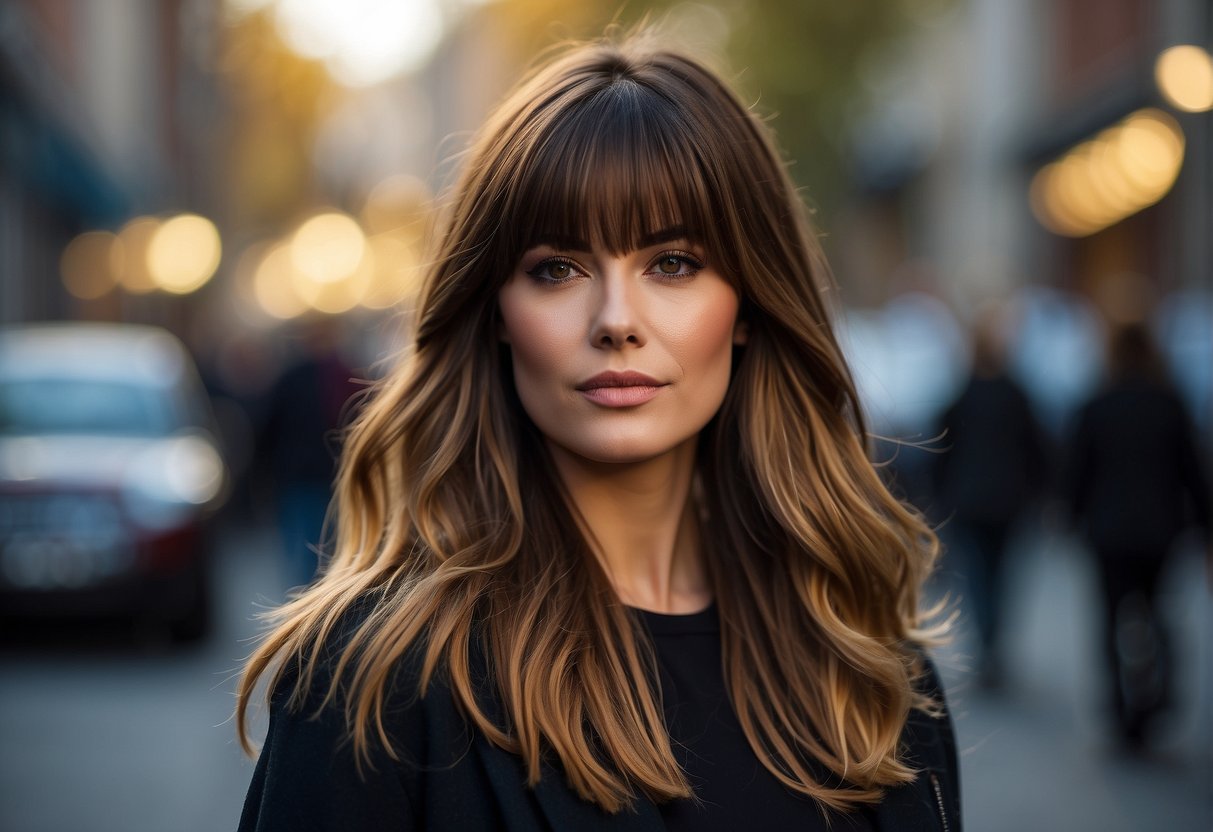 A woman with long layered hair and bangs, styled in the latest trends, showcasing volume and movement
