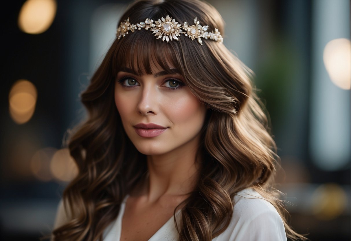 A woman's long layered hair with bangs adorned with trendy hair accessories