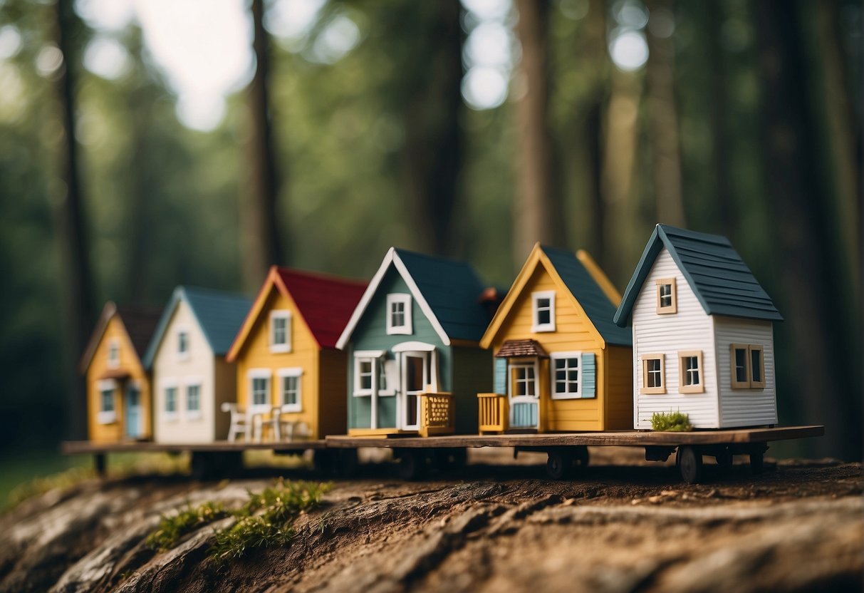 Tiny houses stand in a row, each no taller than 20 feet. They are nestled among trees, with small windows and a cozy, compact design