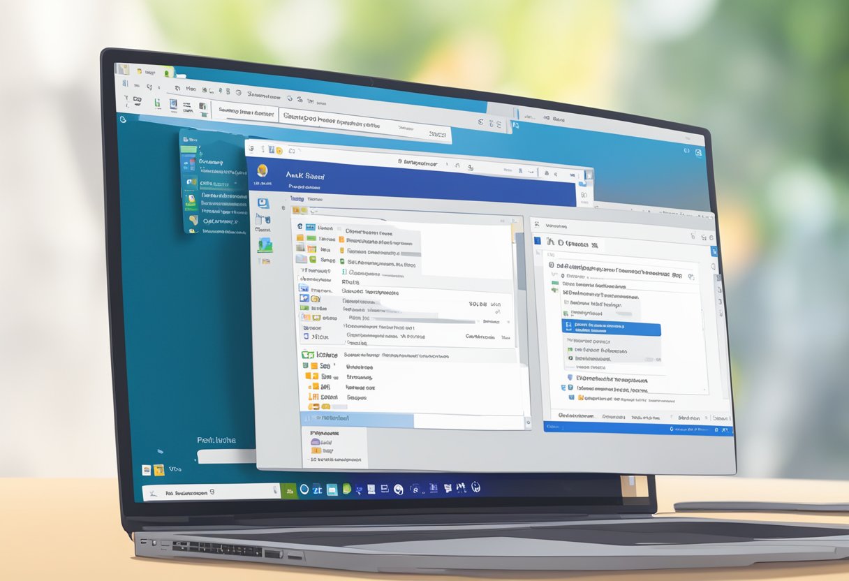 A computer screen displays the Outlook email client. A cursor hovers over the search bar, while folders are visible in the sidebar