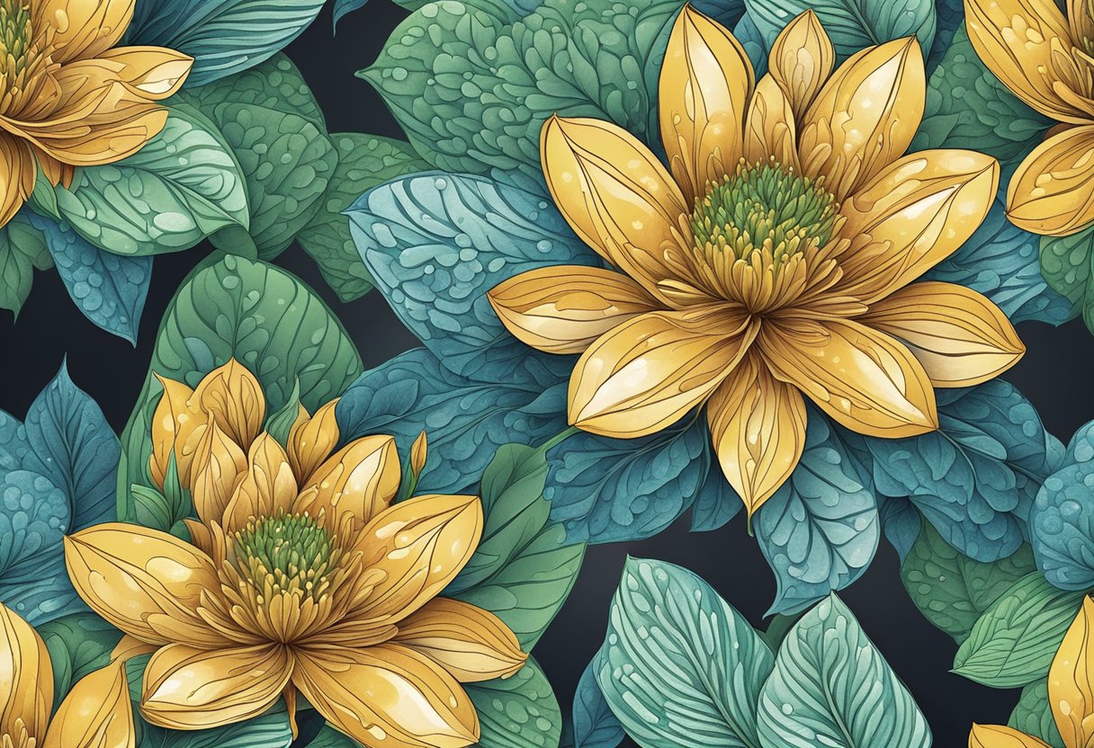 A blooming flower surrounded by intricate patterns of dew on leaves