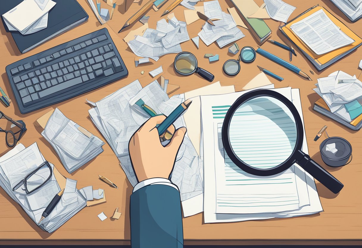 A cluttered desk with scattered papers, a magnifying glass, and a pencil with a sharp tip. A person's hand reaching for a small object