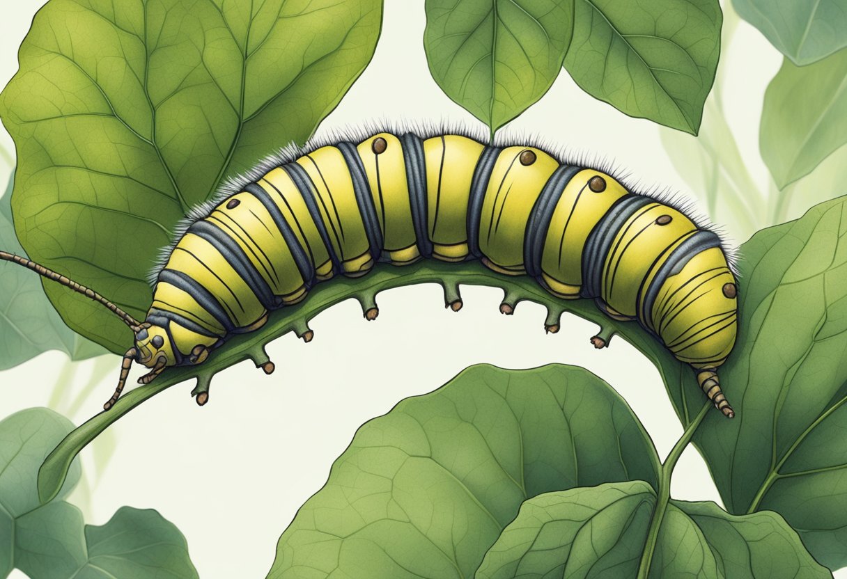 A caterpillar slowly inching along a leaf, pausing to examine each tiny detail with its antennae
