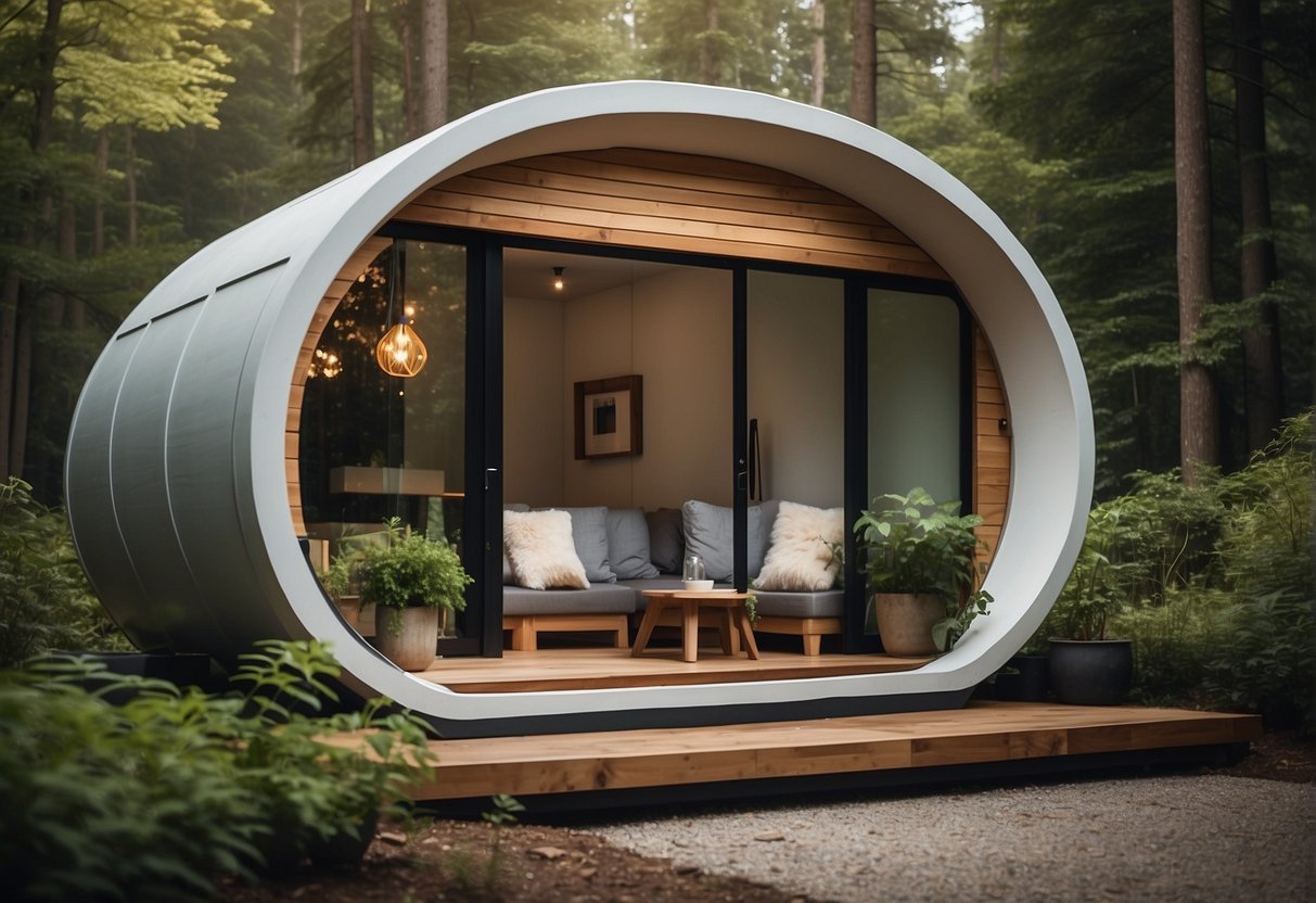 A small, cozy dwelling with a compact design, minimalist furnishings, and efficient use of space, surrounded by nature and incorporating sustainable features