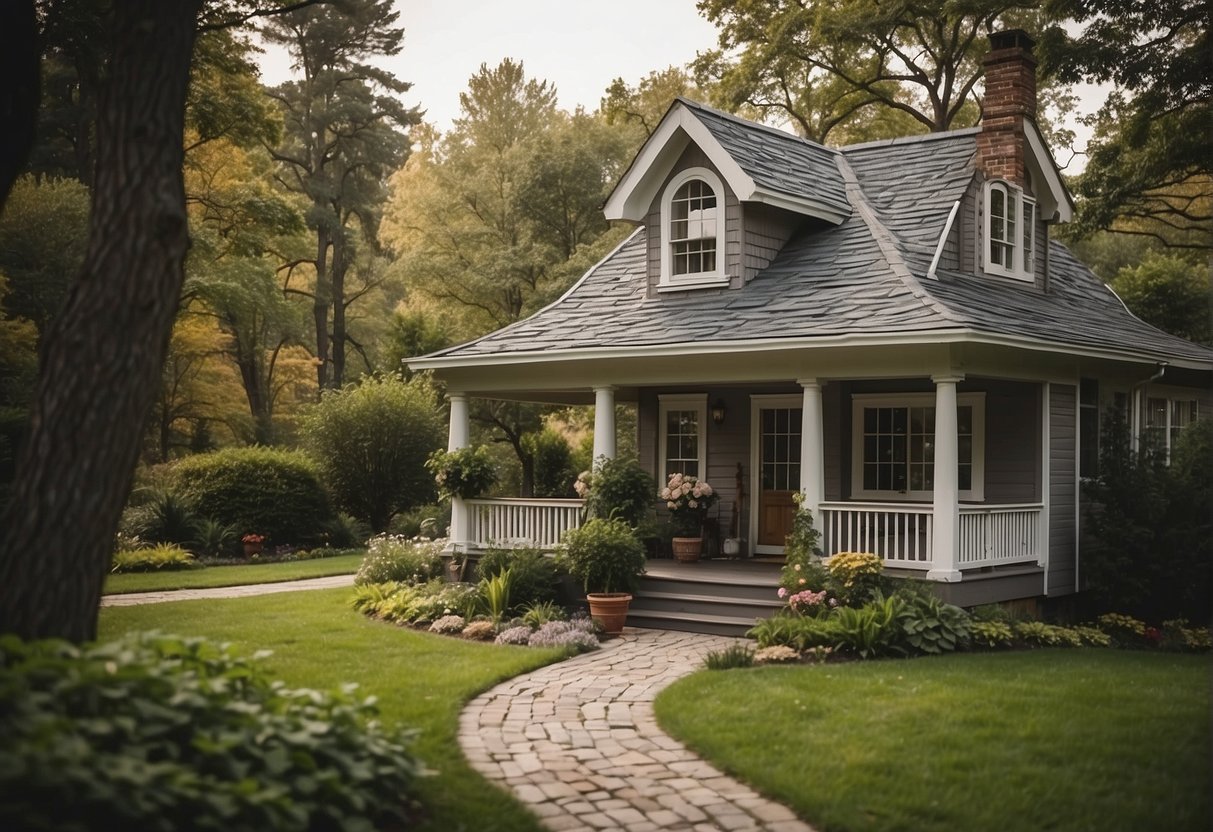 A small, quaint structure with a sloped roof, large windows, and a front porch. Surrounding it are trees, a garden, and a winding path