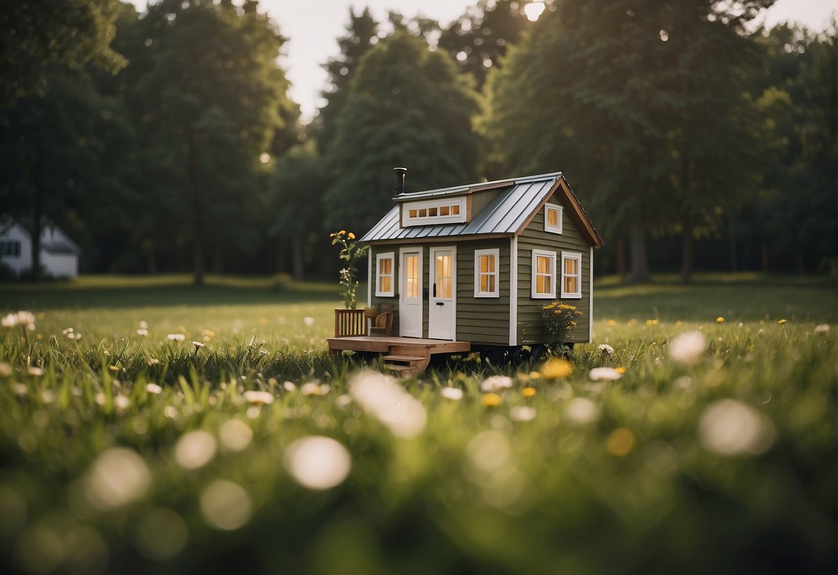 A tiny house sits on a grassy lot, surrounded by trees. Legal documents and lifestyle items are scattered around, indicating the blend of legal and personal aspects defining the tiny house lifestyle