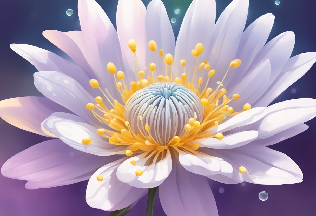 A close-up of a blooming flower, with intricate petals and delicate stamen, surrounded by tiny dewdrops glistening in the morning light