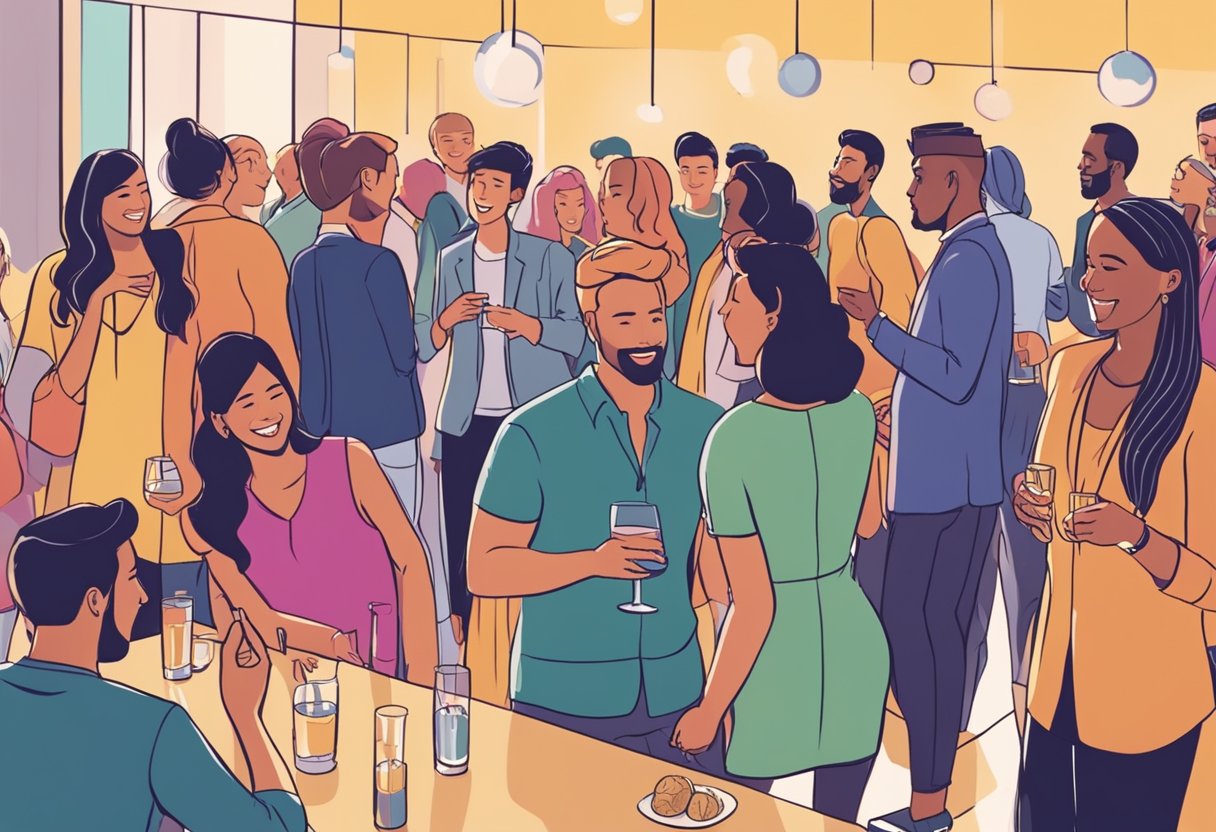 People mingling at a party, chatting in small groups. Details like body language, facial expressions, and surroundings are important