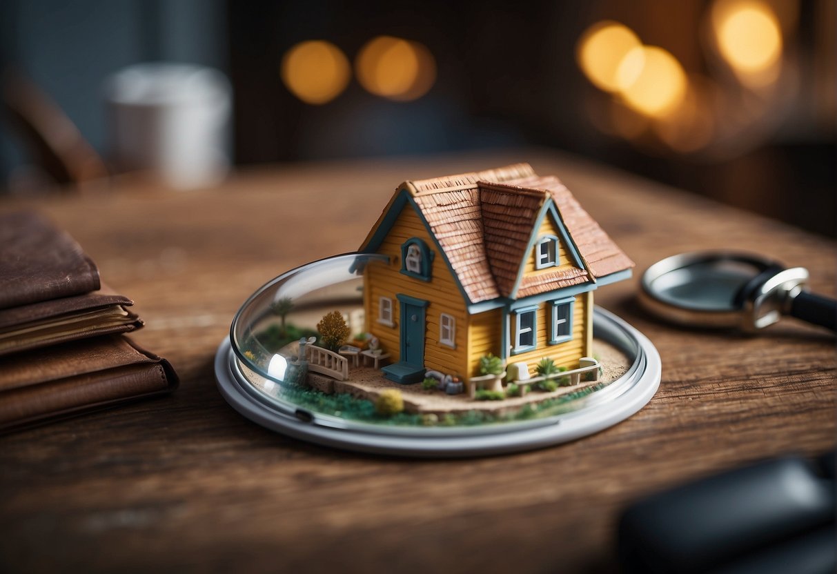 A tiny house surrounded by question marks, with a magnifying glass examining its features