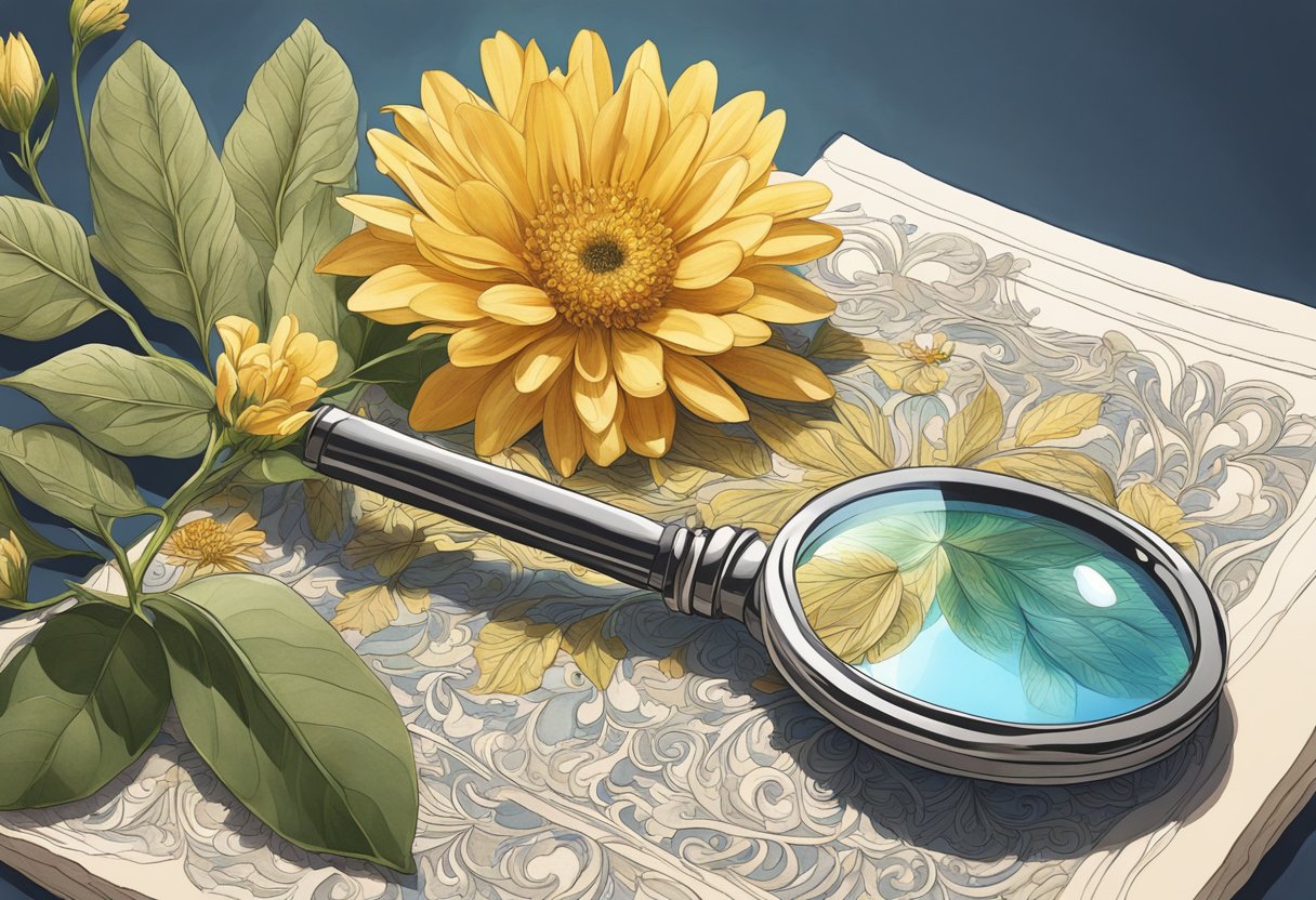 A single magnifying glass hovers over a delicate flower, highlighting its intricate patterns and textures. Nearby, a pile of overlooked treasures sparkles in the sunlight