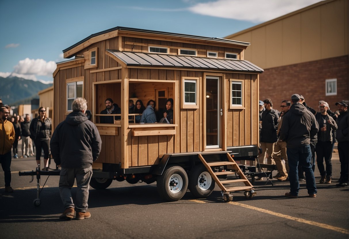 A tiny house being transported on a trailer, surrounded by excited onlookers and a film crew capturing the action