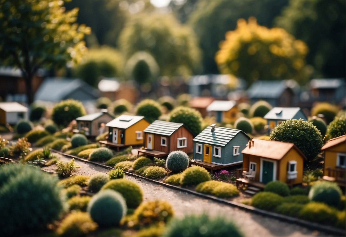 A cluster of tiny houses nestled among trees, with a central gathering area and community garden