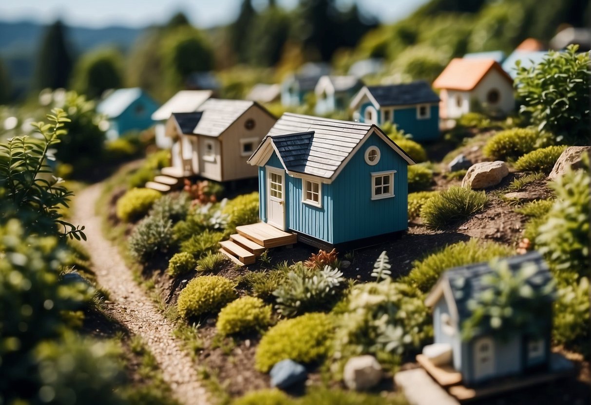 A cluster of tiny houses nestled in a serene community, surrounded by lush greenery and a clear blue sky