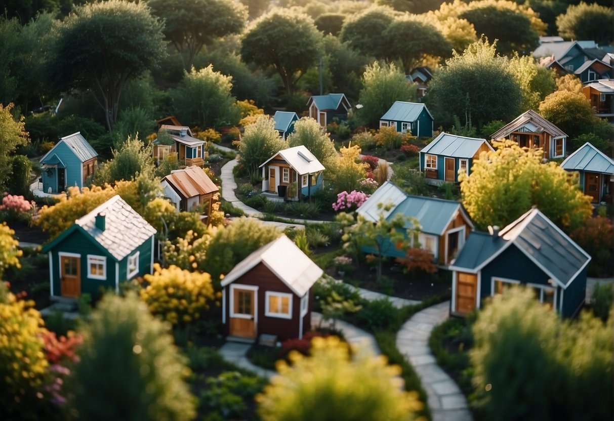 A cluster of tiny houses nestled in a serene community, surrounded by lush greenery and winding pathways