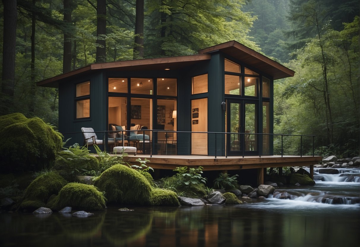 A tiny house sits nestled in a lush forest, surrounded by towering trees and a tranquil stream