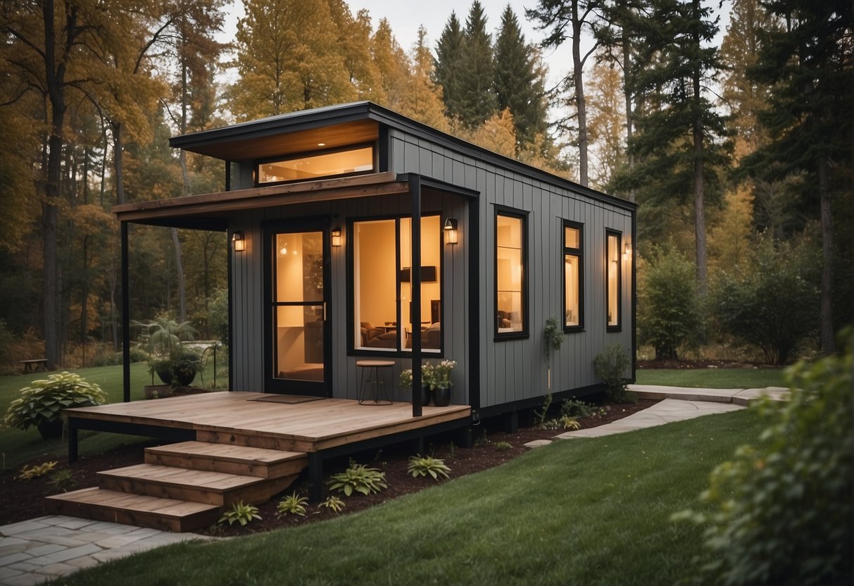 A small, charming tiny house sits nestled among trees, with a cozy porch and minimalist design