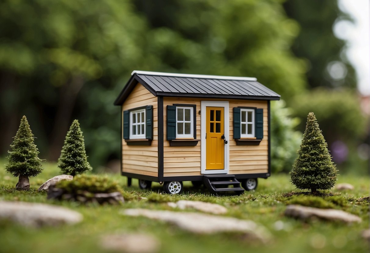 A tiny house sits on a grassy lot, surrounded by trees. It is no larger than 400 square feet, with a compact design and a small footprint