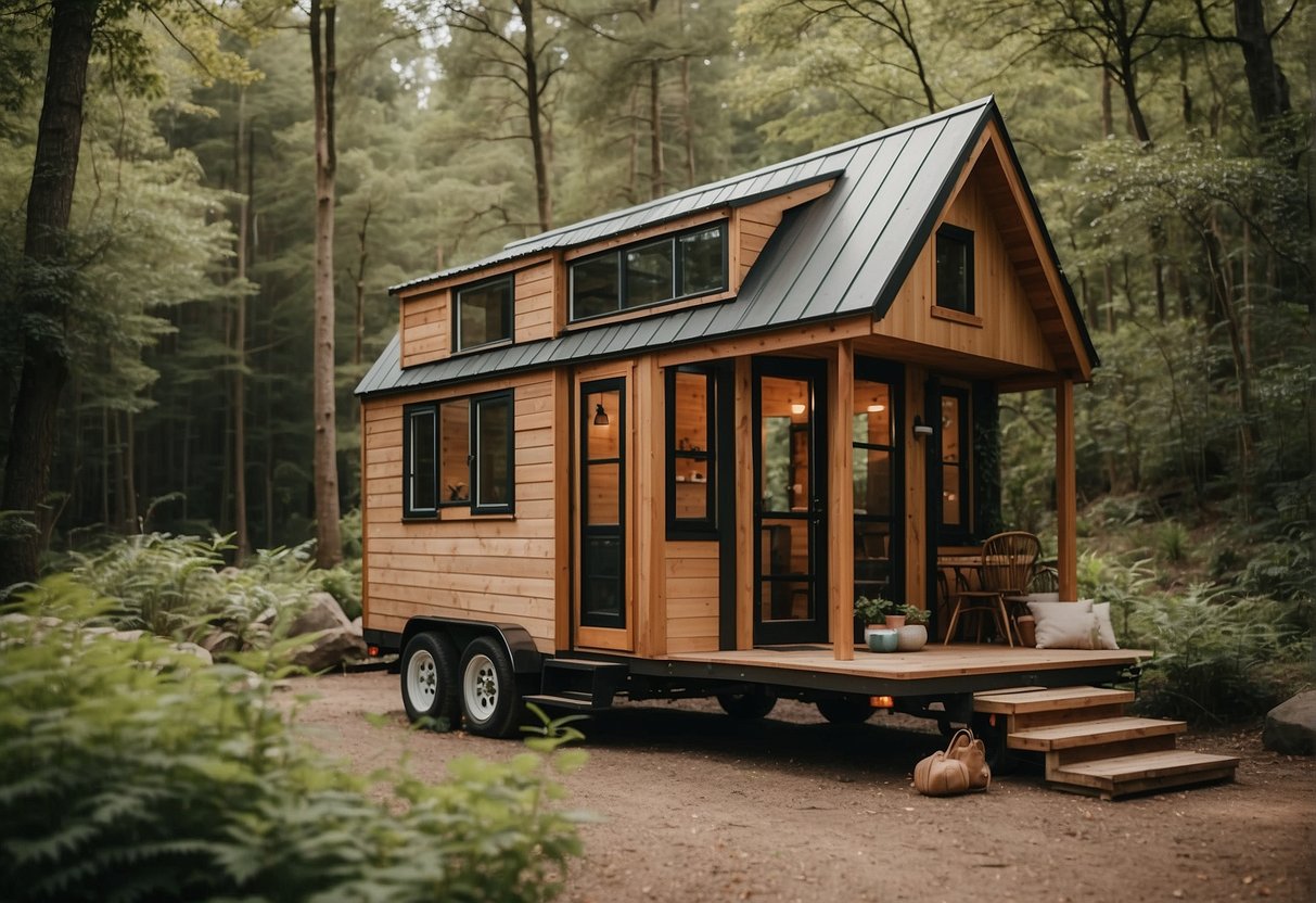 A tiny house on wheels surrounded by nature, with a cozy interior and efficient use of space