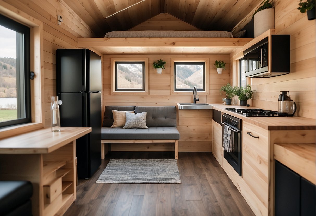 A compact tiny house with multifunctional furniture and built-in storage, maximizing every inch of space. Minimalist design with foldable elements and clever use of vertical space