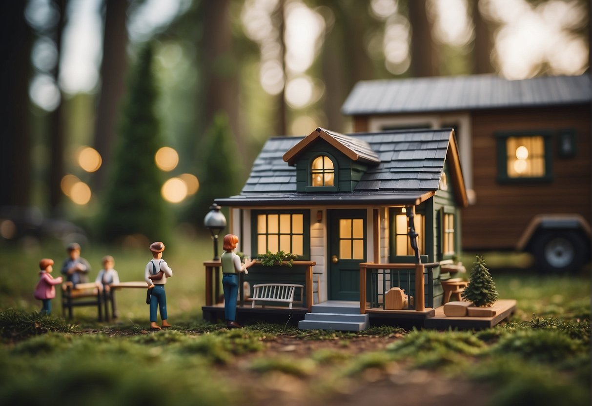 A tiny house surrounded by curious onlookers, with a sign reading "Frequently Asked Questions: Is Tiny House Nation Real?" visible in the foreground