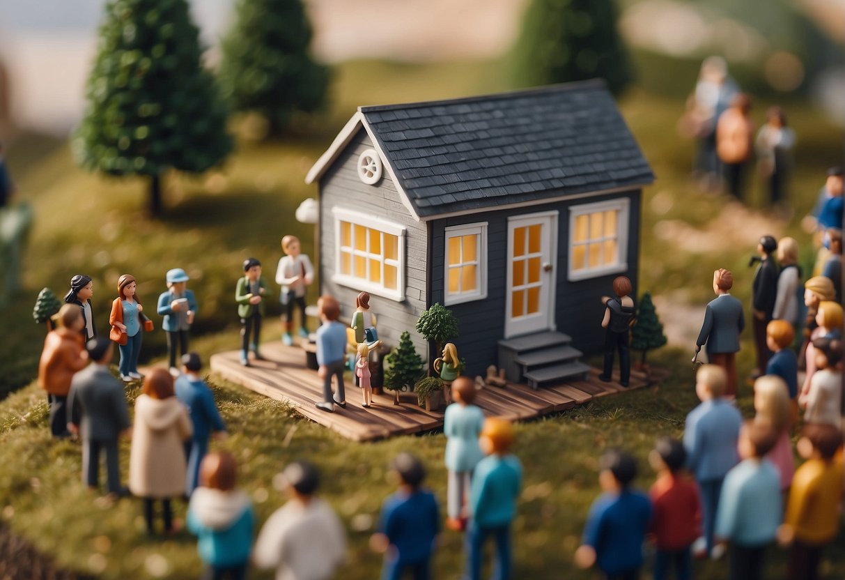 A tiny house surrounded by curious onlookers, with a measuring tape stretched across the width, indicating the maximum size