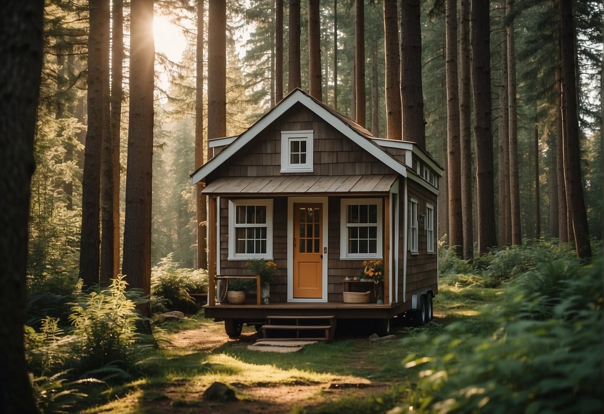 A cozy tiny house with a rustic exterior sits nestled in a lush forest clearing, surrounded by towering trees and dappled sunlight