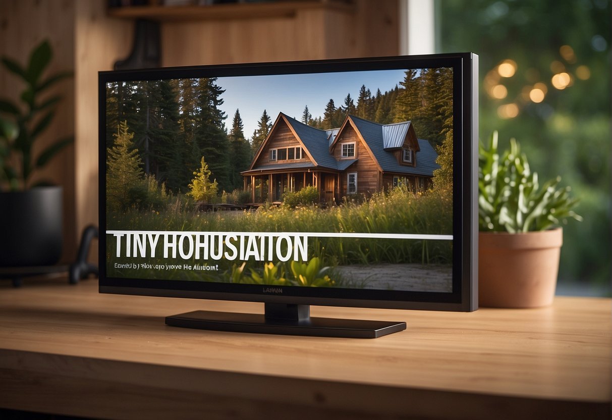 A tiny house with the show title "Tiny House Nation" displayed prominently on a TV screen, with a question mark hovering above it