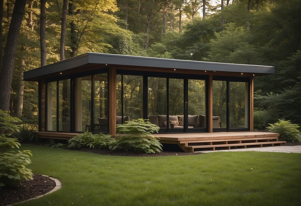 A small, rectangular structure with a sloped roof and large windows, nestled in a lush, wooded area. The house is approximately 200 square feet and has a front porch with a small seating area