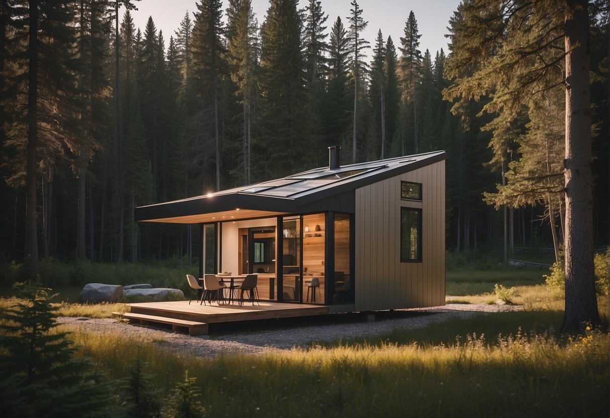 A small, sleek Tesla-branded tiny house sits nestled in the picturesque Canadian wilderness, surrounded by towering trees and a serene landscape