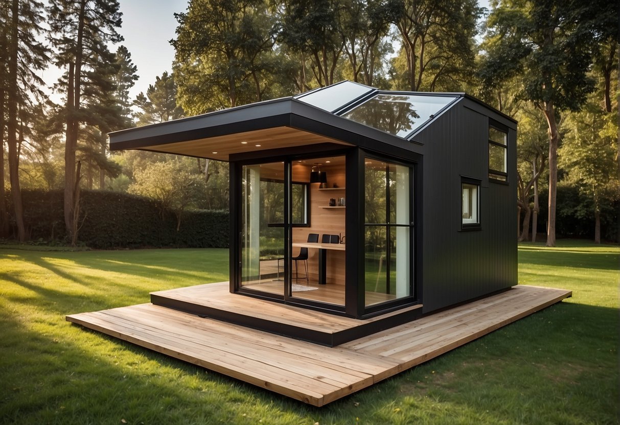 The Tesla Tiny House sits on a lush green landscape, showcasing sleek solar panels and modern design features. The compact structure includes a large glass window, a sliding door, and a small deck