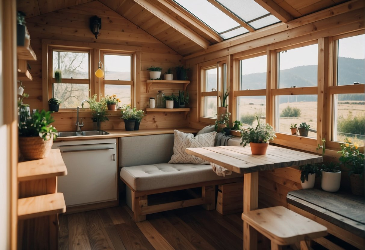 A cozy tiny house with a lofted bed, compact kitchen, and a small living area with a fold-out table. Windows let in natural light, and the exterior features a charming porch and garden