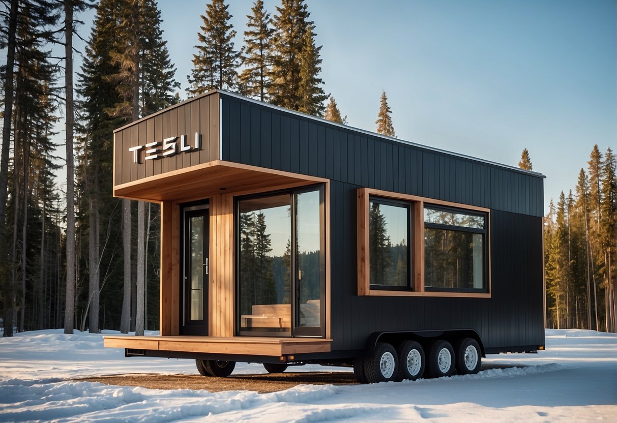 A small, sleek Tesla tiny house sits against a backdrop of Canadian wilderness, with a clear blue sky and tall trees in the distance