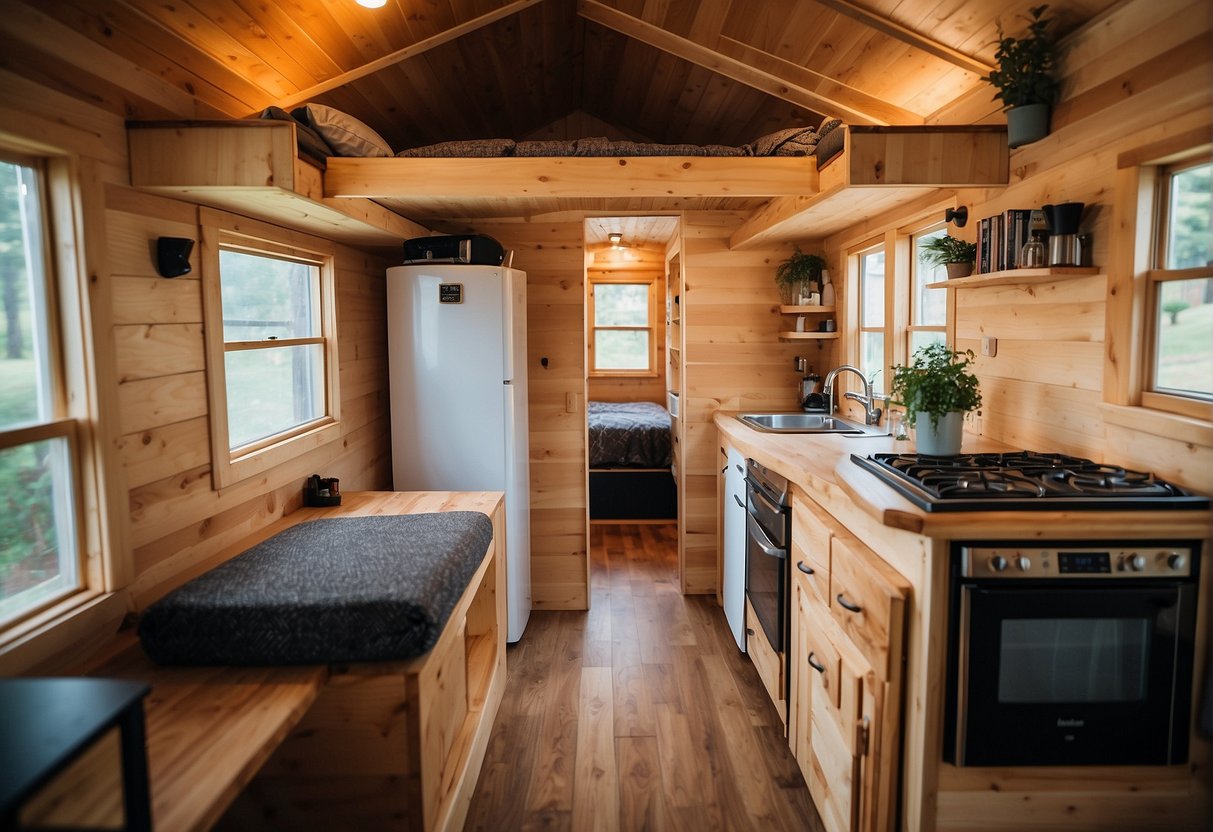 A tiny house with a lofted bedroom, compact kitchen, and cozy living space, measuring approximately 200-400 square feet
