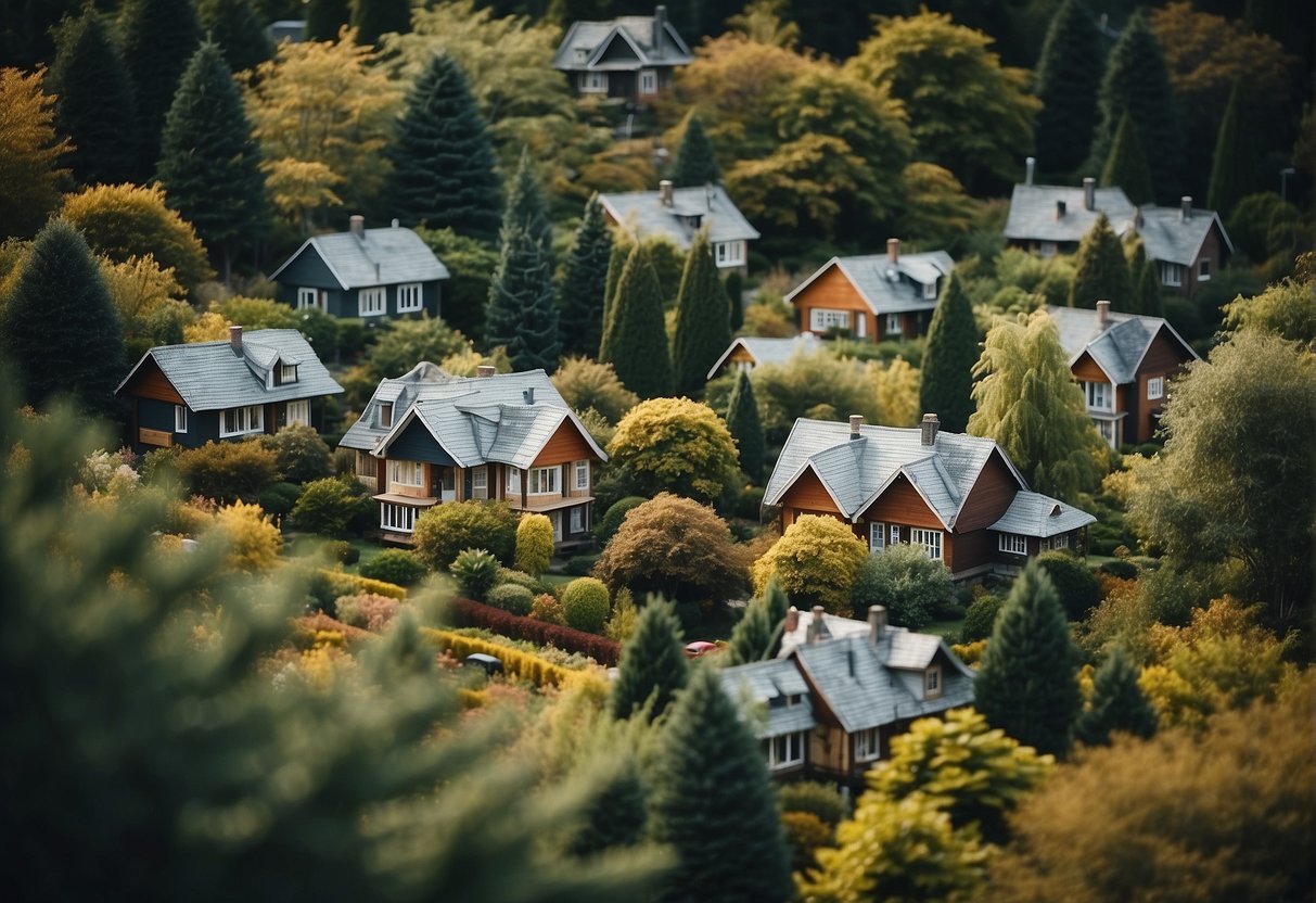 A cluster of small houses nestled among trees and gardens