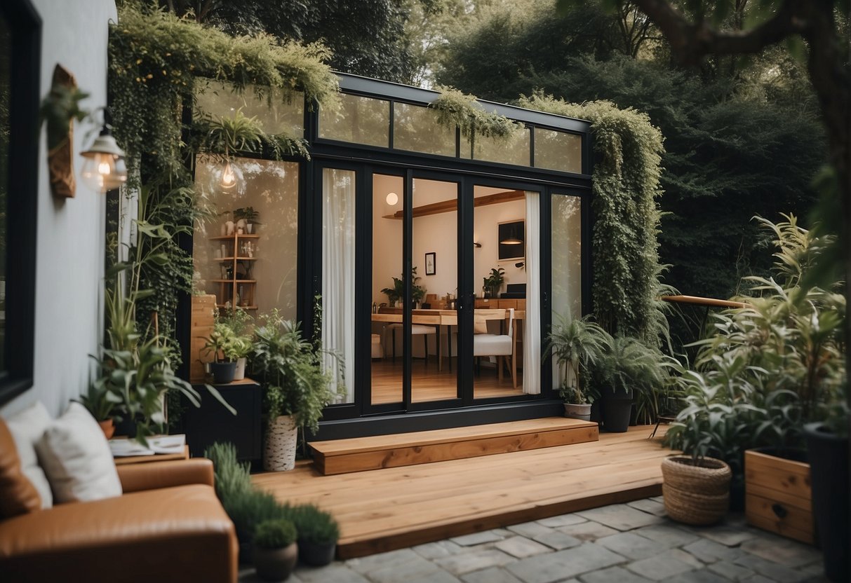 A cozy tiny house surrounded by lush greenery, with a small patio and large windows, showcasing a modern and minimalist design