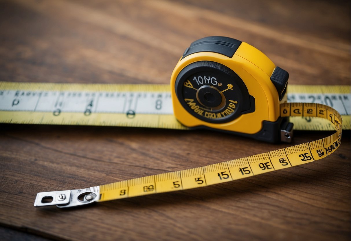 A tape measure extends from corner to corner, measuring the length and width of a tiny house. The numbers on the tape measure indicate the square footage