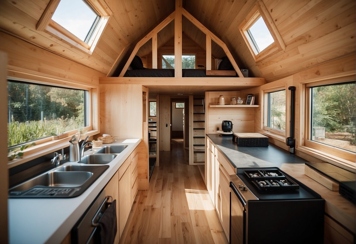 A tiny house with sleek lines and efficient layout, measuring 400 square feet, features space-saving furniture and clever storage solutions