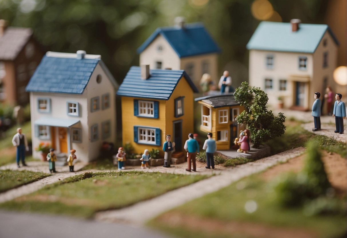 A group of people gather in a small area, surrounded by tiny houses. A sign reads "Frequently Asked Questions tiny house area."