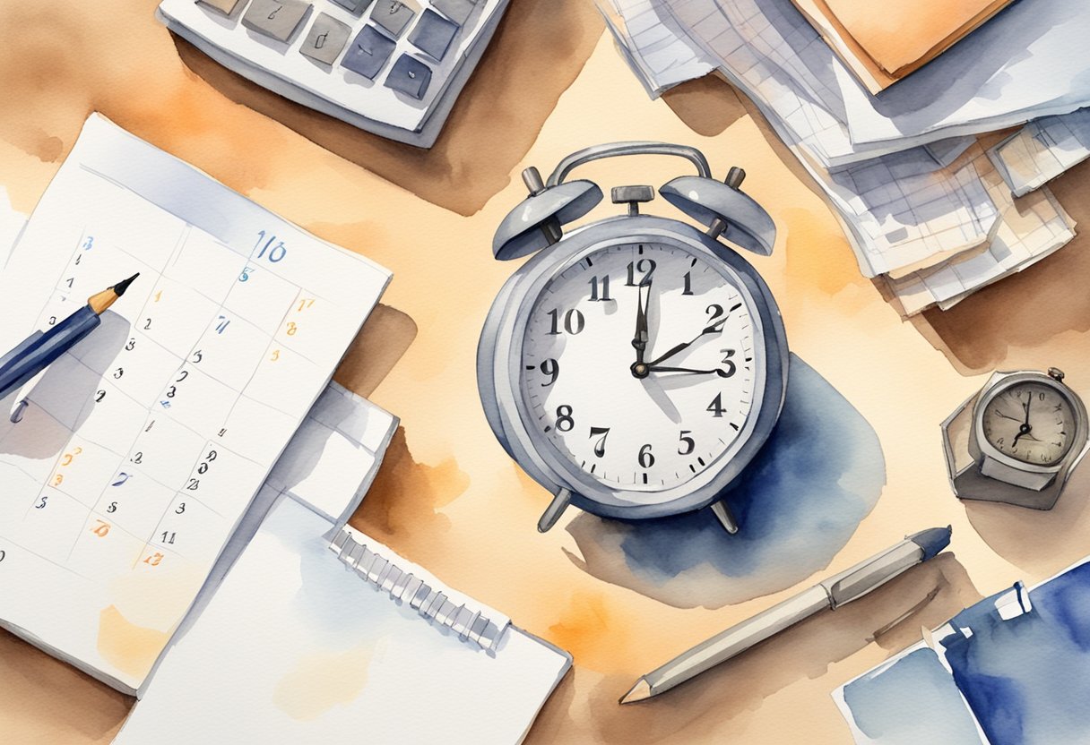 A clock ticking on a cluttered desk, with a calendar and to-do list, highlighting the importance of time management and prioritizing tasks