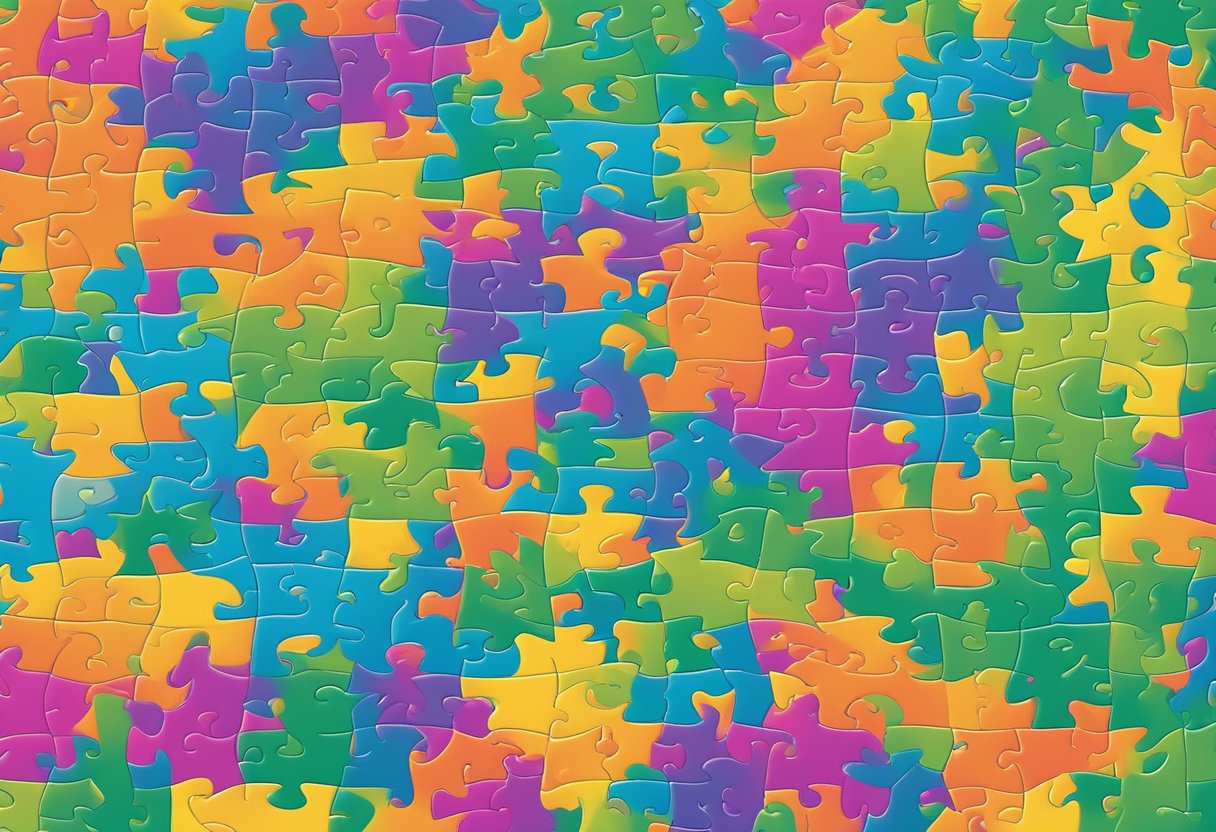 A colorful jigsaw puzzle merging math, science, and art. Symbols and equations interweave with images of nature and technology, forming a complex web of interconnected ideas