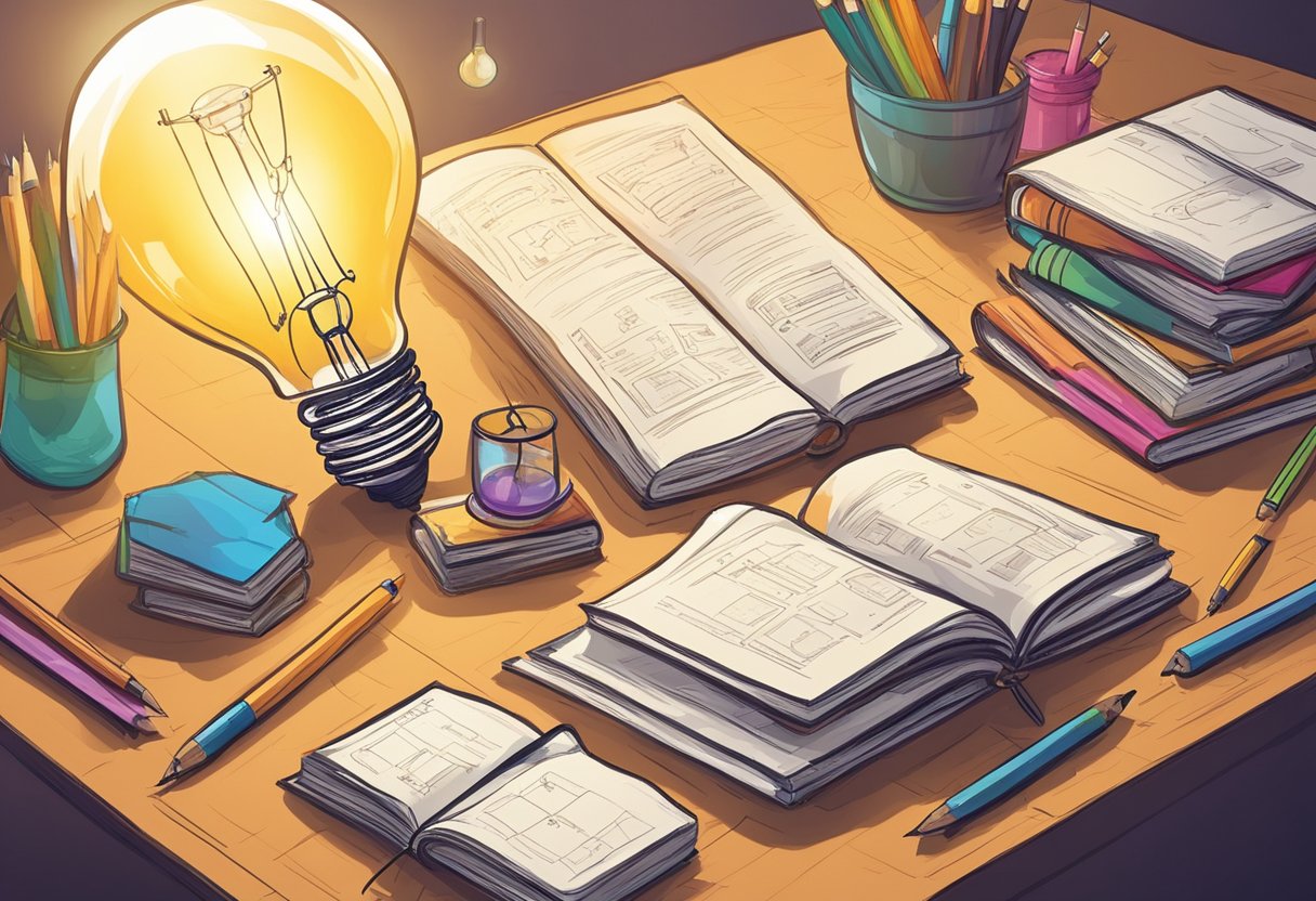 Books, math equations, and art supplies arranged on a table with a lightbulb overhead, symbolizing the fusion of subjects to enhance critical thinking