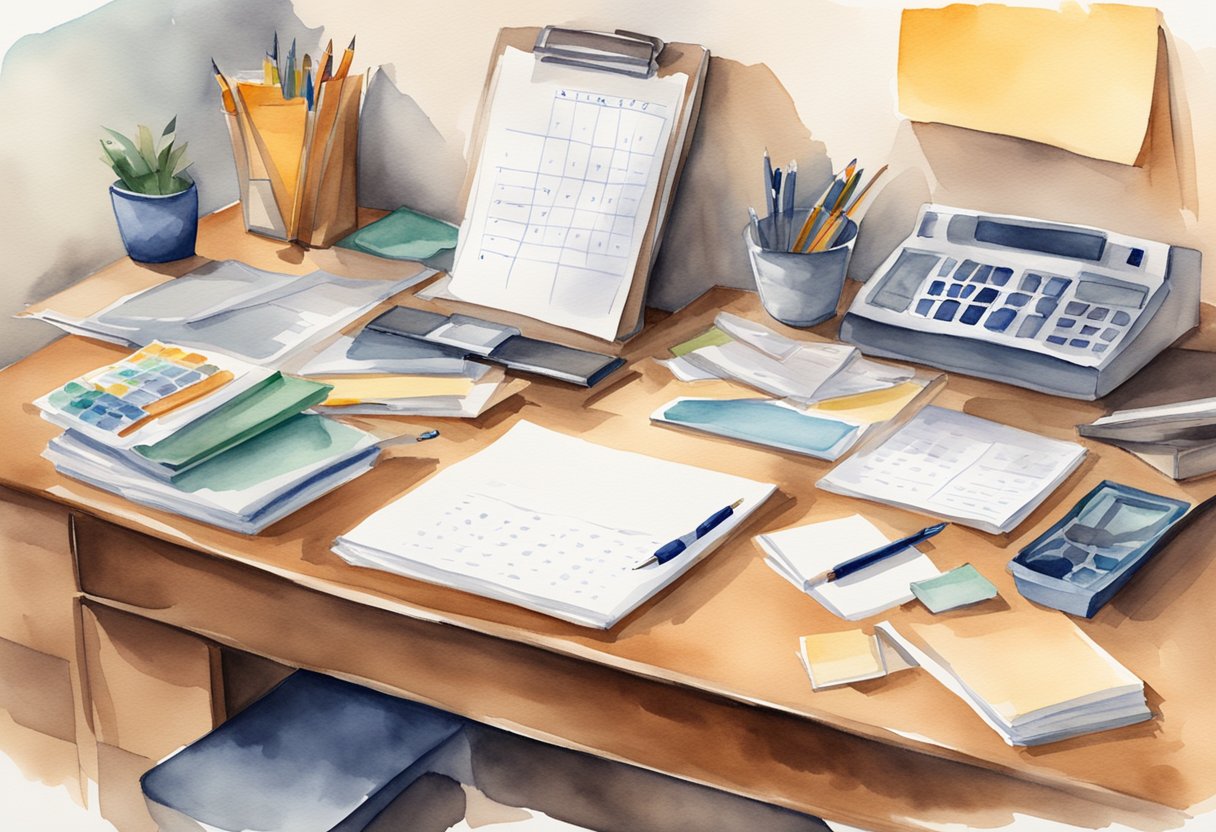 A desk with a calendar, clock, and to-do list. Papers and folders are organized neatly, showing a systematic approach to time management and prioritization