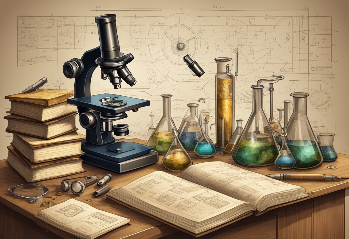 A laboratory table with a microscope, beakers, and a pile of books on various subjects, surrounded by mathematical equations, historical timelines, and scientific diagrams
