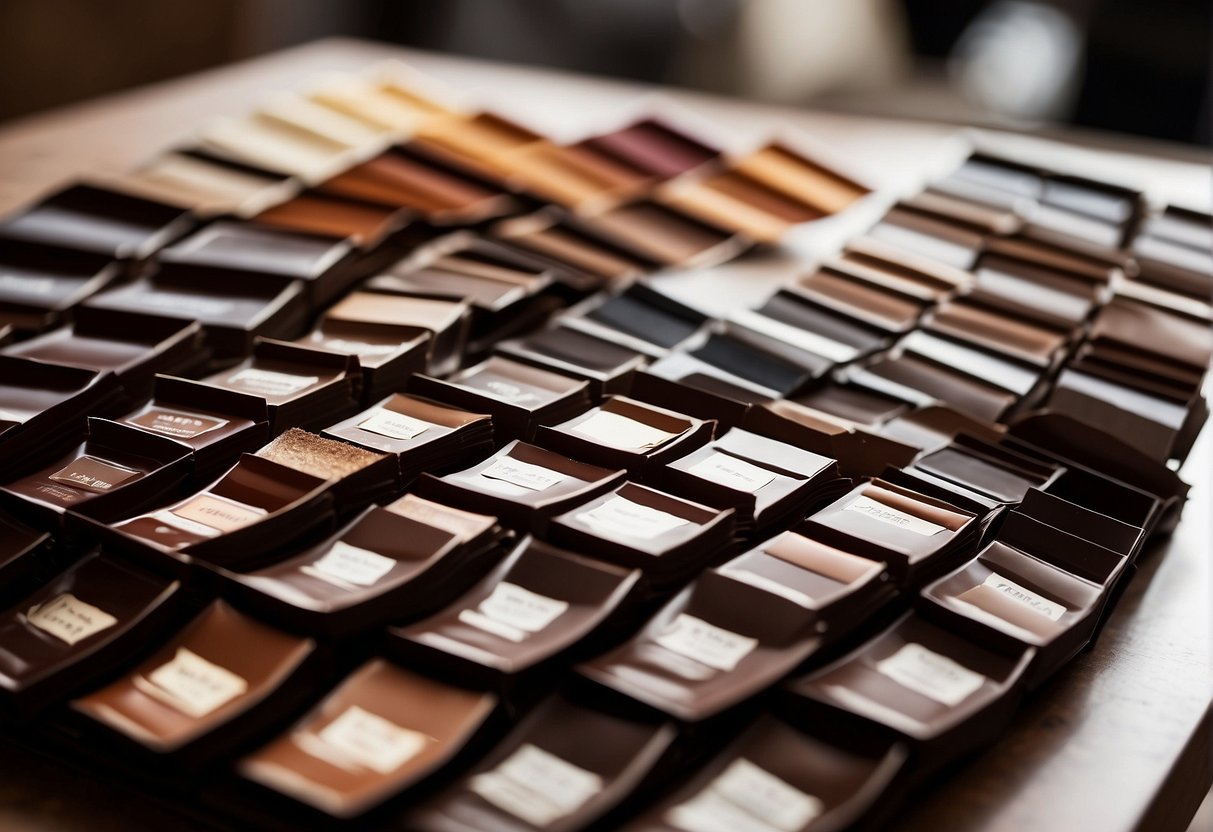 A table with various shades of chocolate brown hair dye, surrounded by hair swatches and color charts