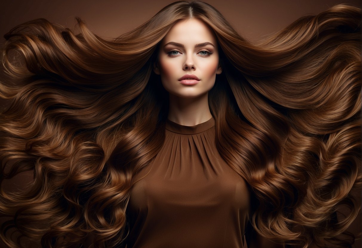 A rich, warm brown hair color, with hints of chocolate and caramel, cascading in loose waves