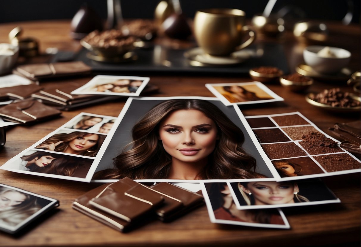 A table with various shades of chocolate brown hair dye, surrounded by celebrities' photos for inspiration