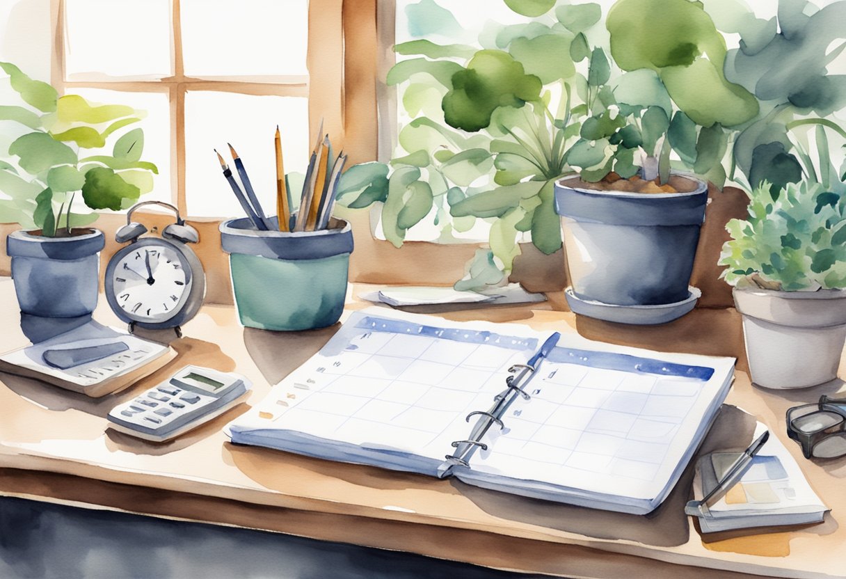 A cluttered desk with a calendar, to-do list, and a timer. A serene environment with plants and natural light