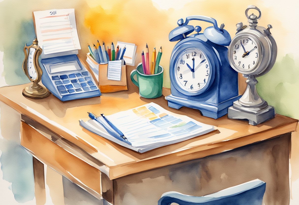 A desk with a calendar, clock, and to-do list. A trophy on the shelf symbolizes achievement. Bright colors and a clear organization convey motivation and prioritization