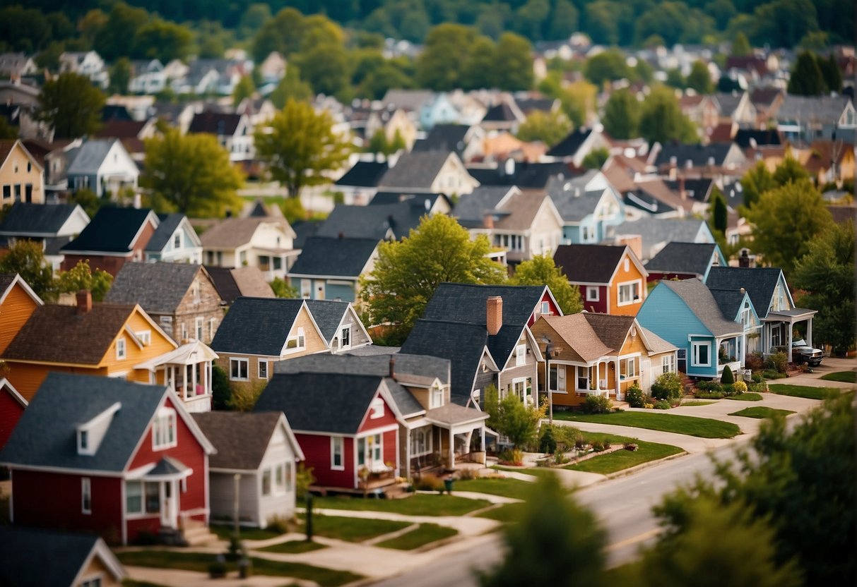 A bustling cityscape with a mix of traditional homes and modern tiny houses, showcasing Michigan's diverse zoning laws